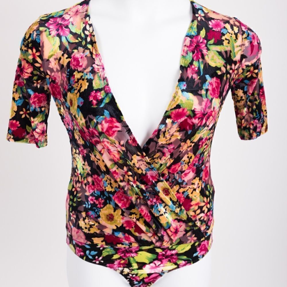 Zara Women's Bodysuit Floral Velvet Plunging Drape
